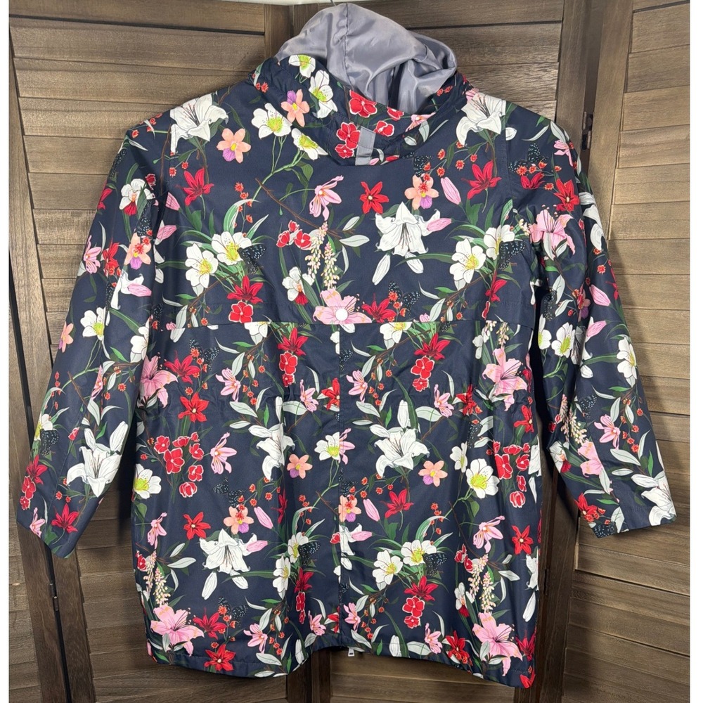 Nuage Women 1X Floral Butterfly Hooded Rain Jacket Navy Blue Full Zip Mesh Lined - Picture 5 of 10